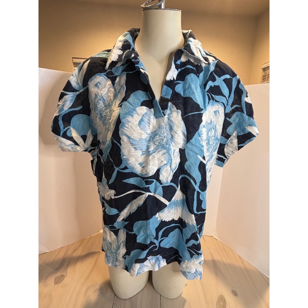 Elie Tahari 100% Linen Floral V-Neck Short Sleeve Blouse Blue White Top Resort